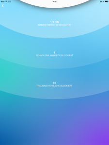 Schieben die User den Ein- und Aus-Knopf nach oben, so erhalten sie Informationen über die blockierten Elemente und das Volumen des gesicherten Datenverkehrs. Hier auf einem iPad unter iOS 8.3.