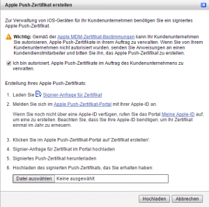 Das Erstellen das Apple Push Zertifikats zur Installation von Freedome auf iOS-Geräten wird innerhalb der Freedome Management-Konsole durch einen Wizard vereinfacht