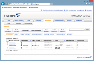 Die Übersicht über die bei Freedome Protection Service for Business angemeldeten mobilen Geräte im browserbasierten Management-Portal