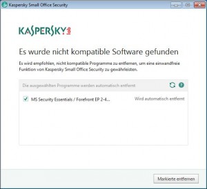 Bei der Installation entfernt die Kaspersky Small Office Security automatisch andere Antivirus-Lösungen