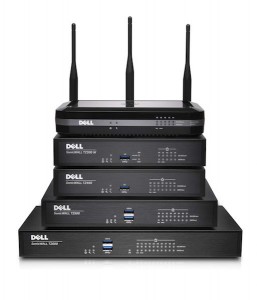 Dell SonicWALL TZ Series family of networking security appliances in a stack, featuring top-to-bottom: SonicWALL SOHO, SonicWALL TZ300 W, SonicWALL TZ400, SonicWALL TZ500, SonicWALL TZ600.