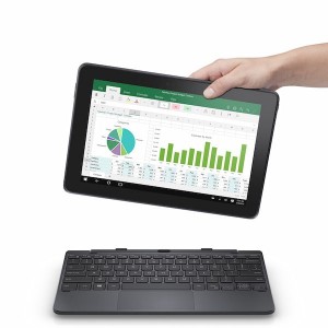 Dell Venue 10 Pro 5000 Series (Model 5056, Somerset) tablet computer held in a human hand above the mobility keyboard attachment.