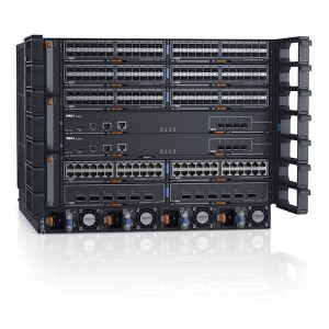 Dell Networking C9010 networking switch chassis and modules (configuration 1) with cable management brackets, featuring C9000 RPM-2.56T modules, 6 port 40GE-QSFP+ modules, 24 port 1/10GE SFP+ modules, and 24 port 1/10GE-Base-T RJ45 modules.